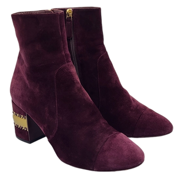 CHANEL CC Logo Cap Toe Suede Boots Double Stack Chain Burgundy 36.5 G36655 - Picture 4 of 16